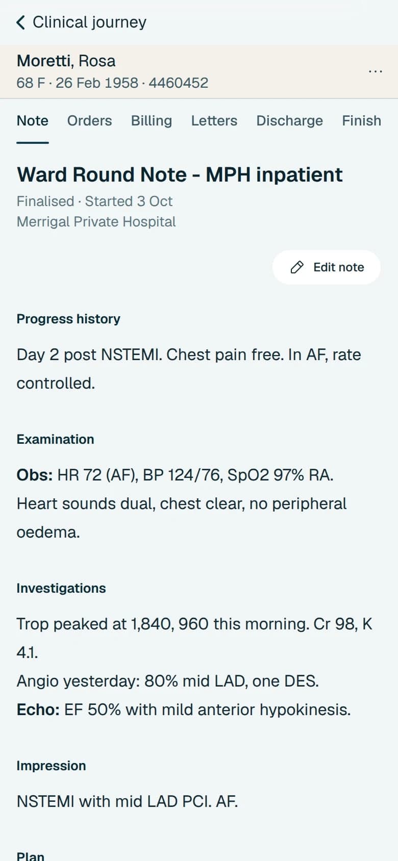 A finalised cardiology ward round note on a phone for another patient, with progress, examination and investigations