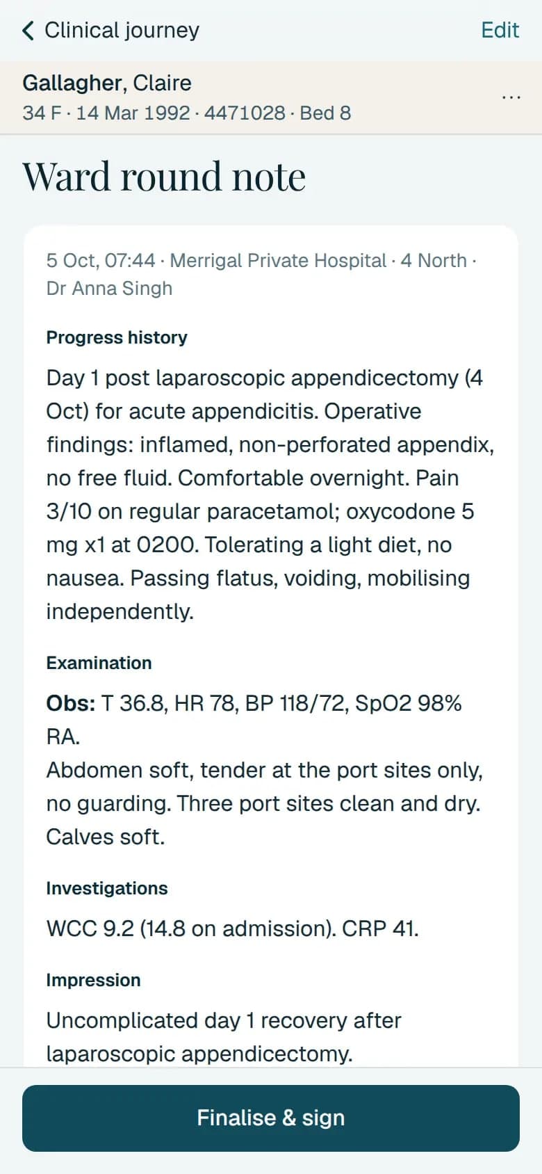The ward round note drafted from the dictation on a phone: progress, examination, investigations and impression, with Finalise and sign at the foot