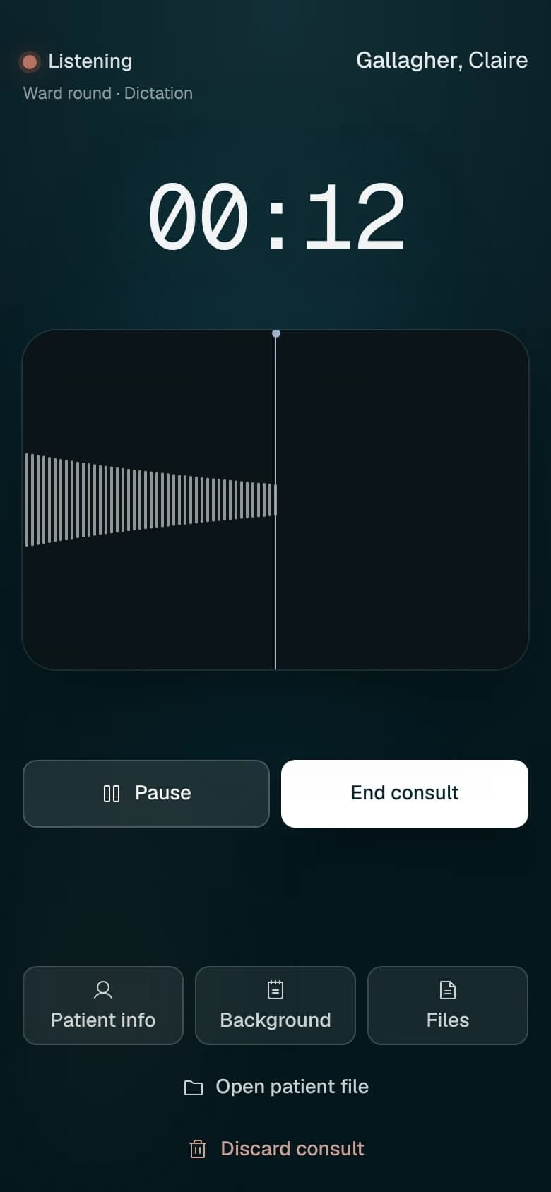 A ward round dictation running in the Aurii phone app, twelve seconds in, with pause and end consult