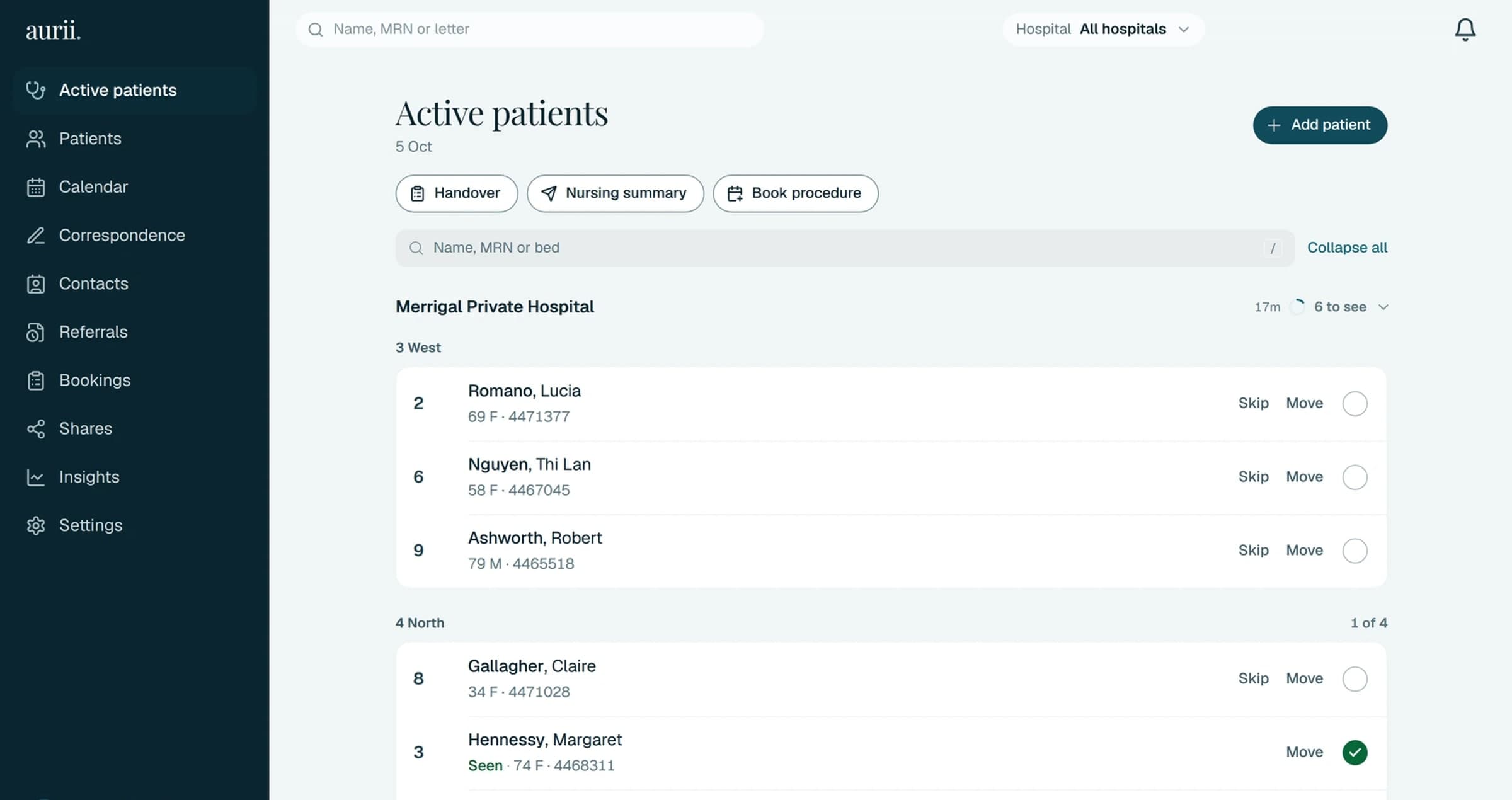The ward round in Aurii: patients by hospital and ward with age, sex and record number, the ones already seen ticked, and handover, nursing summary and procedure booking at the top