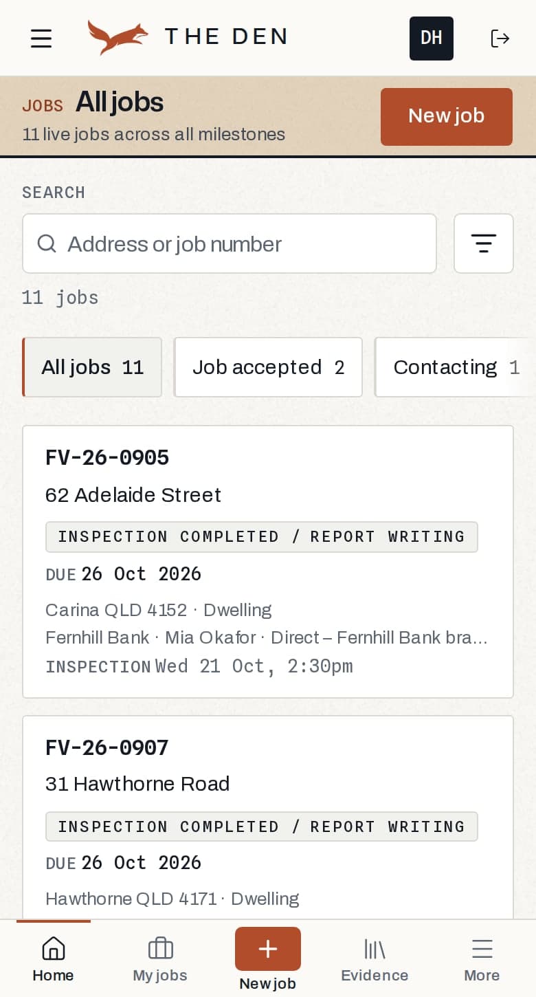 The jobs board in The Den on a phone: each job as a card with its milestone, due date and inspection time