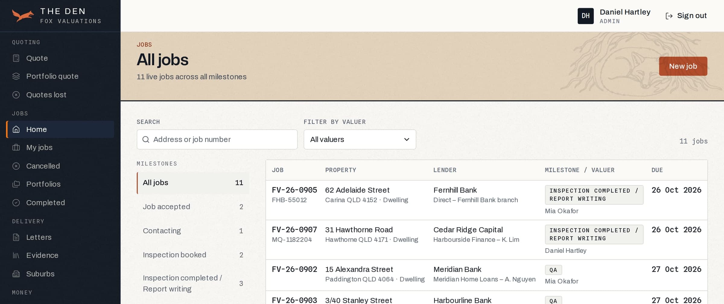 The jobs board in The Den: live jobs by milestone, each with its property, lender, broker, valuer and due date