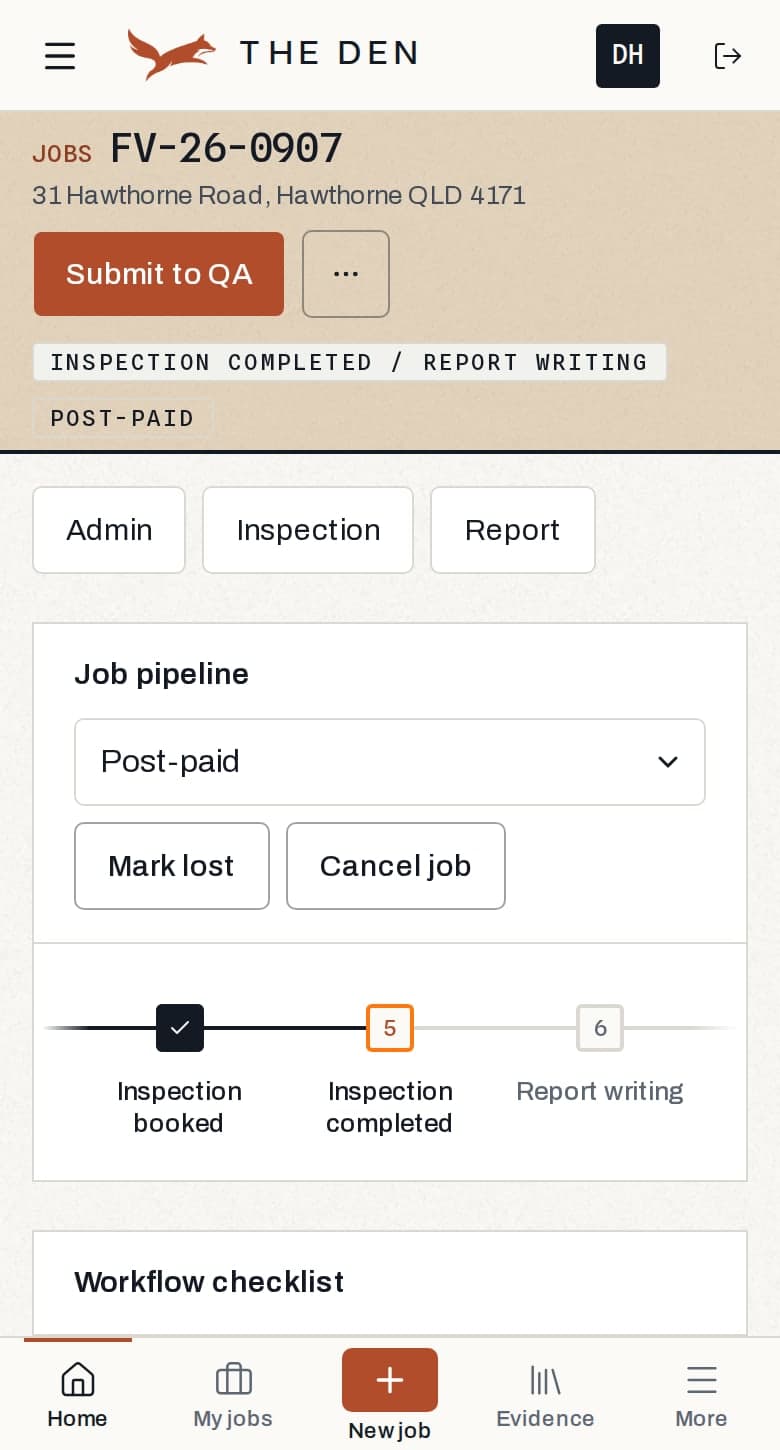 The same job on a phone: the pipeline at inspection completed