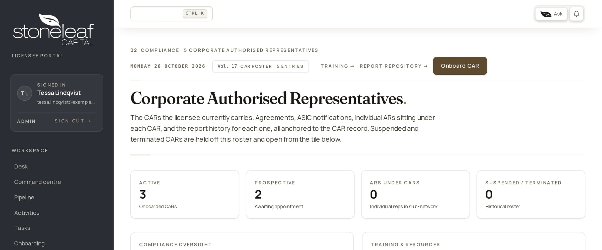 The Corporate Authorised Representatives area of the Stone Leaf Capital portal: active and prospective representatives