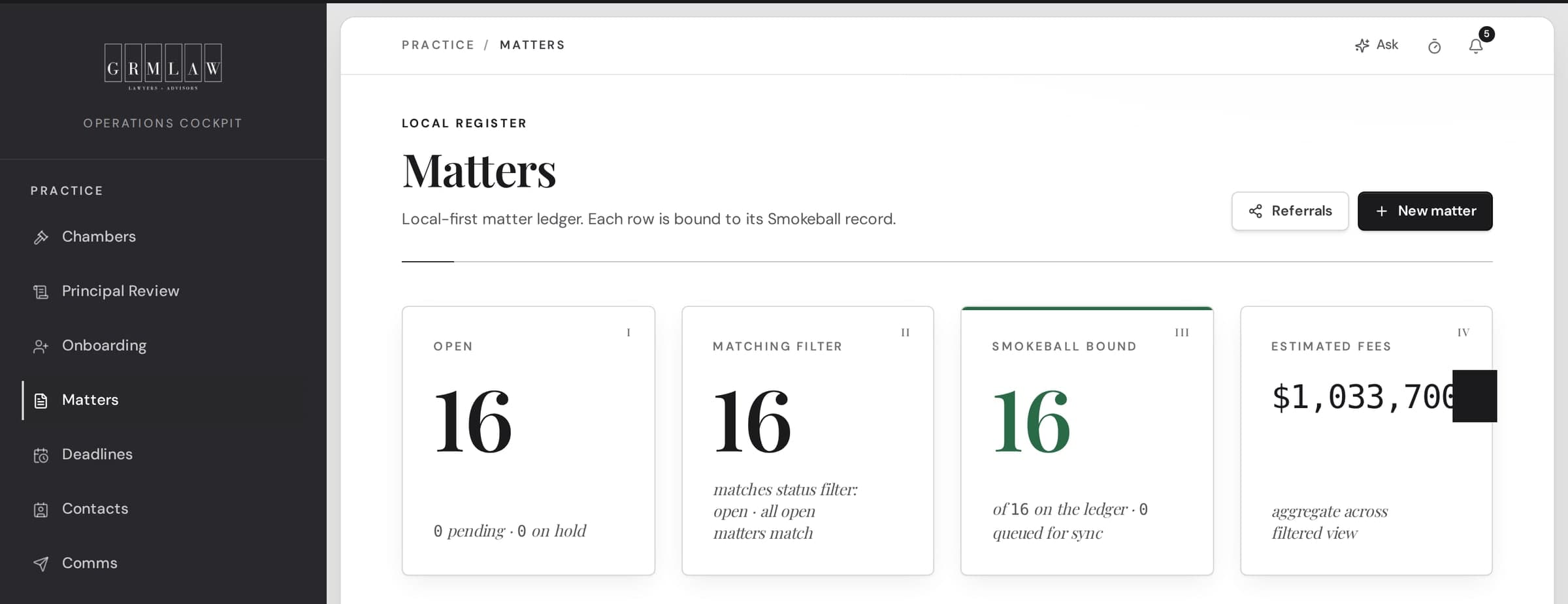 The matter register in the GRM LAW portal: open matters, each bound to its Smokeball record, with the estimated fees across them