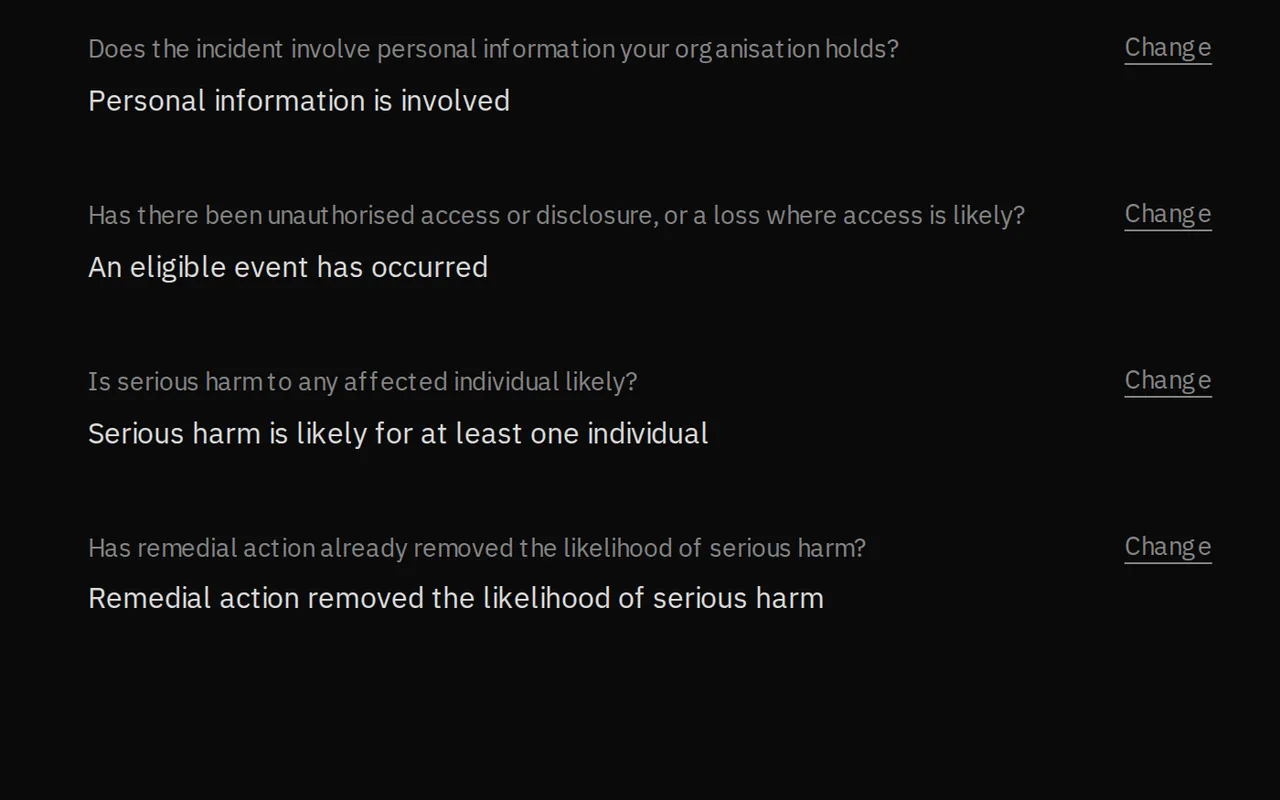 The breach notification helper, one of our free tools: four answers on the left and where the notification test lands on the right.
