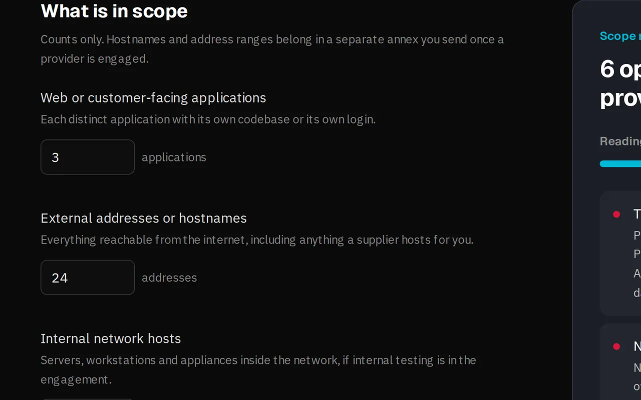 The pen test scope builder, one of our free tools: counts of applications, addresses and hosts on the left and the open scoping items on the right.