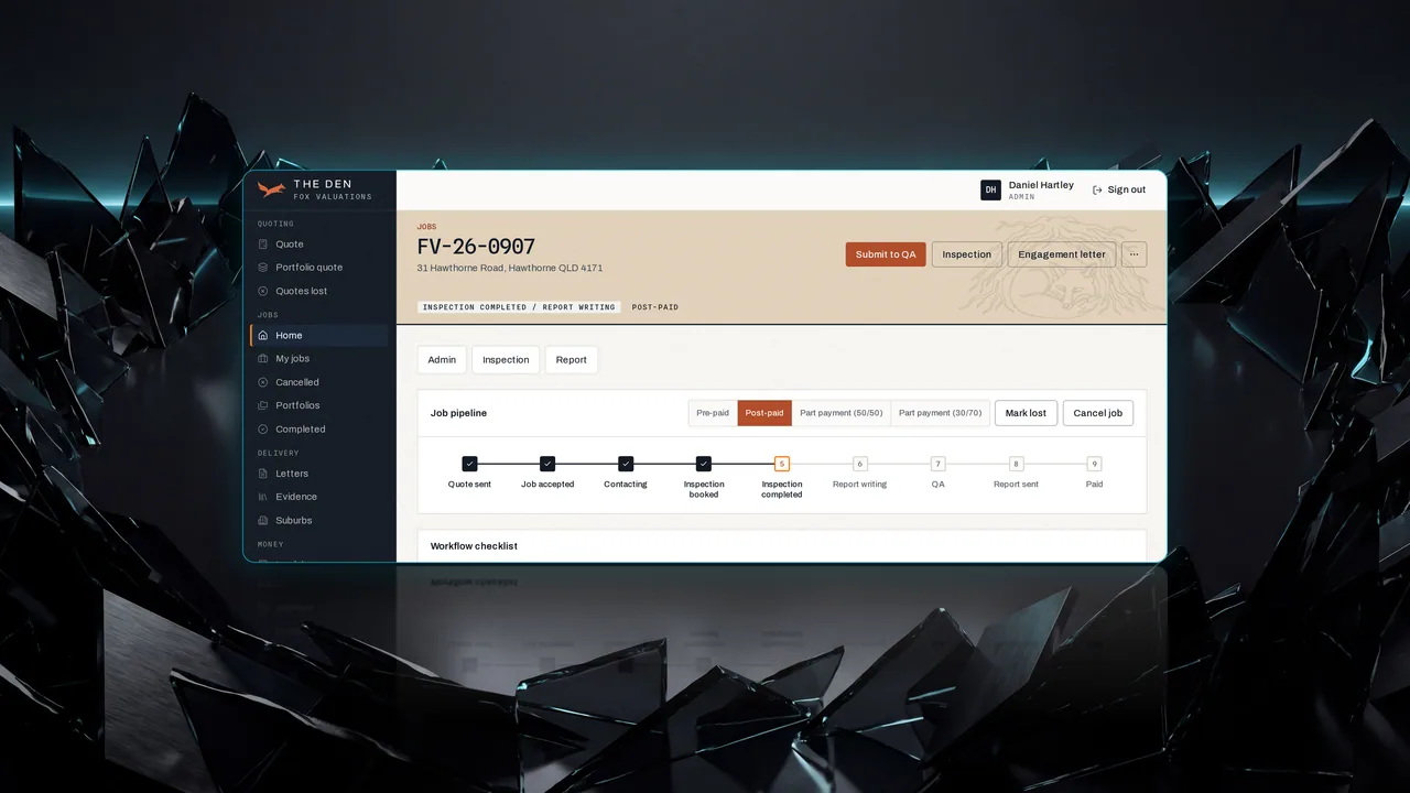 A job in The Den, the practice system we built for Fox Valuations, shown with sample data: the pipeline from quote sent to paid.