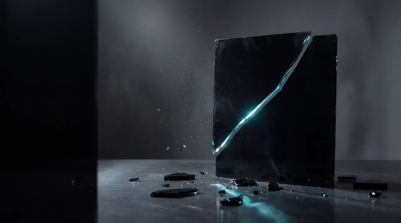 A pane of black glass splitting along a line of cyan light.
