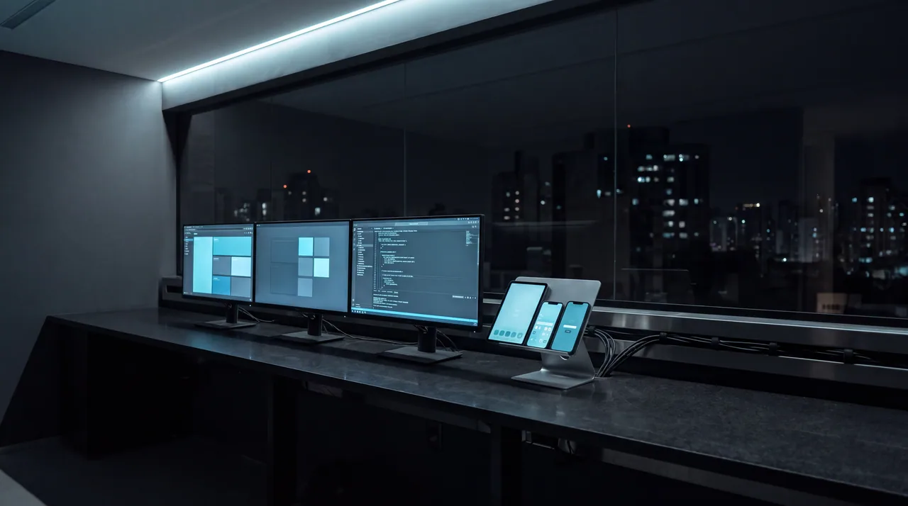 A dark engineering room at night, three monitors and two phones on a long desk, a city lit beyond the glass.