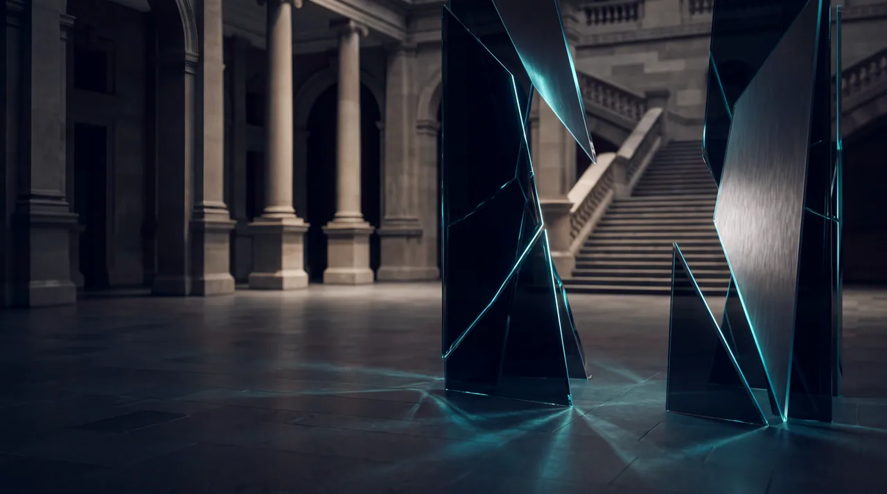 Shards of dark glass lit with cyan edges in a sandstone colonnade.