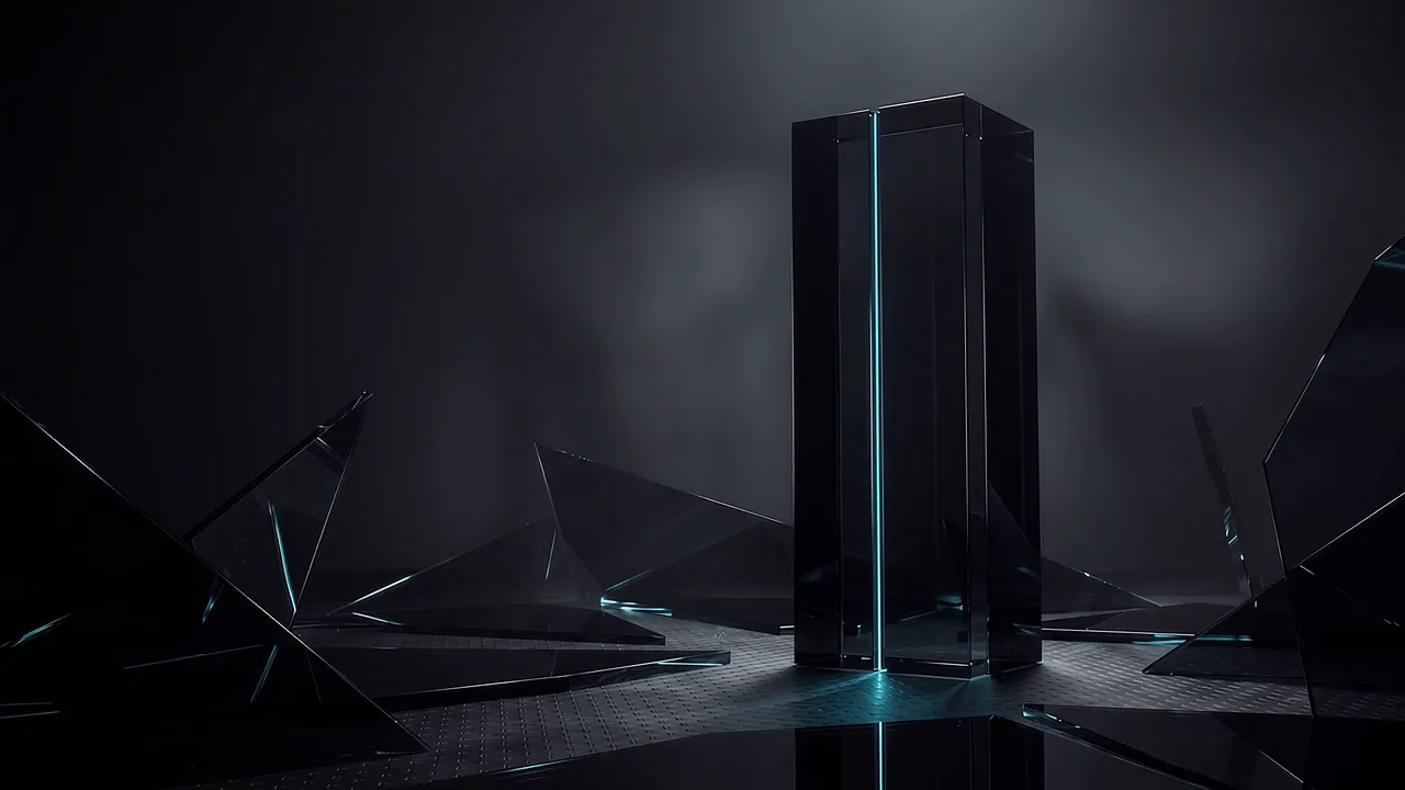 A black glass monolith with a single cyan seam of light, standing among fallen shards of dark glass.