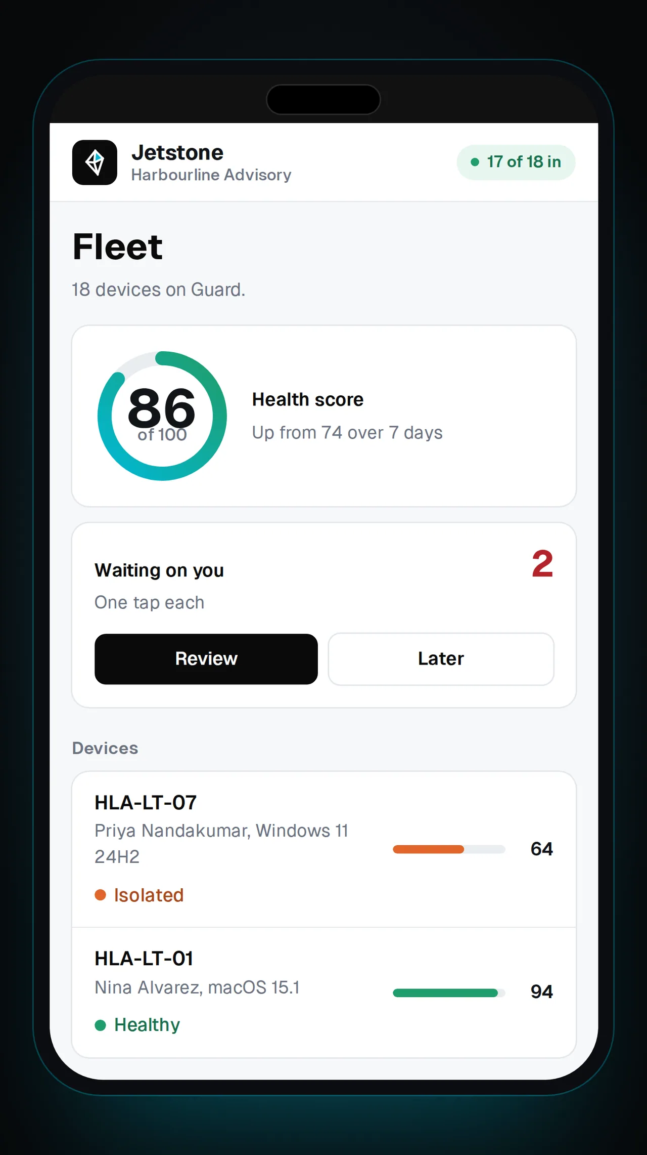 The Jetstone fleet view on a phone: the health score, two actions waiting on the owner and the first devices, with sample data