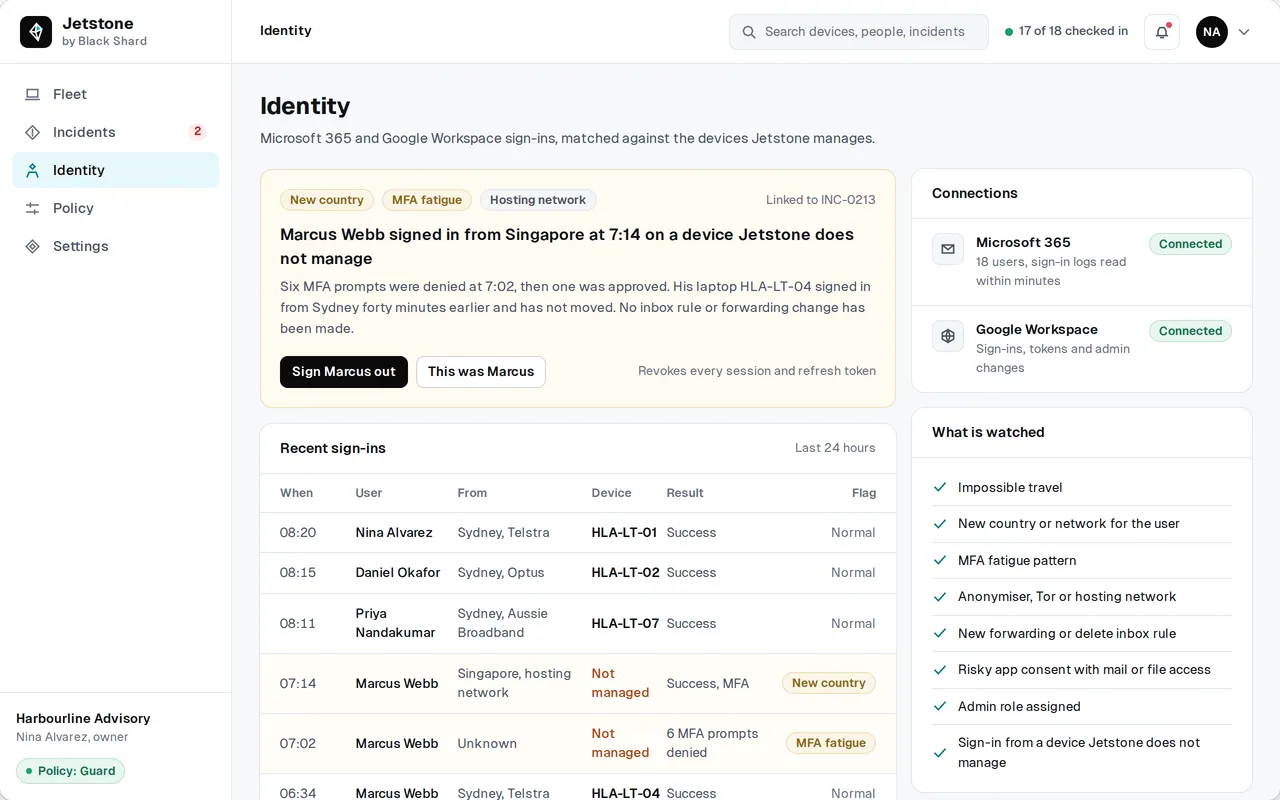 Recent sign-ins in Jetstone with sample data, two flagged for a new country and MFA fatigue.