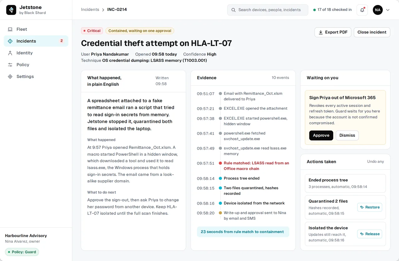 A Jetstone incident in the console: a plain-English account, the evidence timeline and each action taken with an undo, with sample data.