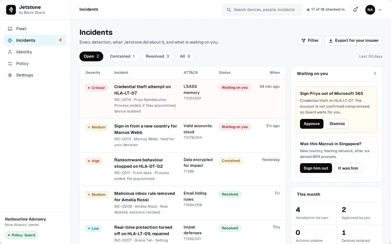 The Jetstone incidents register with sample data: each incident with its technique and status, and an export for your insurer.