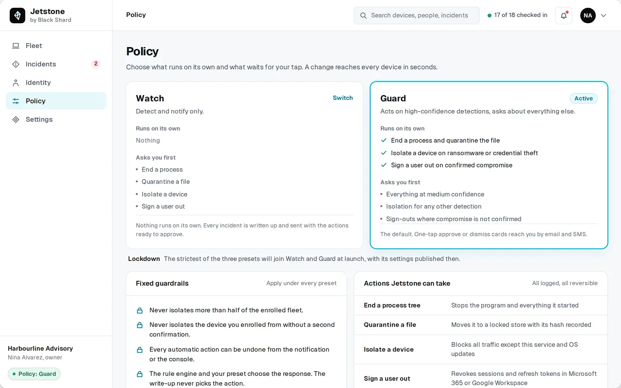 Jetstone policy presets: Watch, Guard and Lockdown, with the guardrails every preset runs under