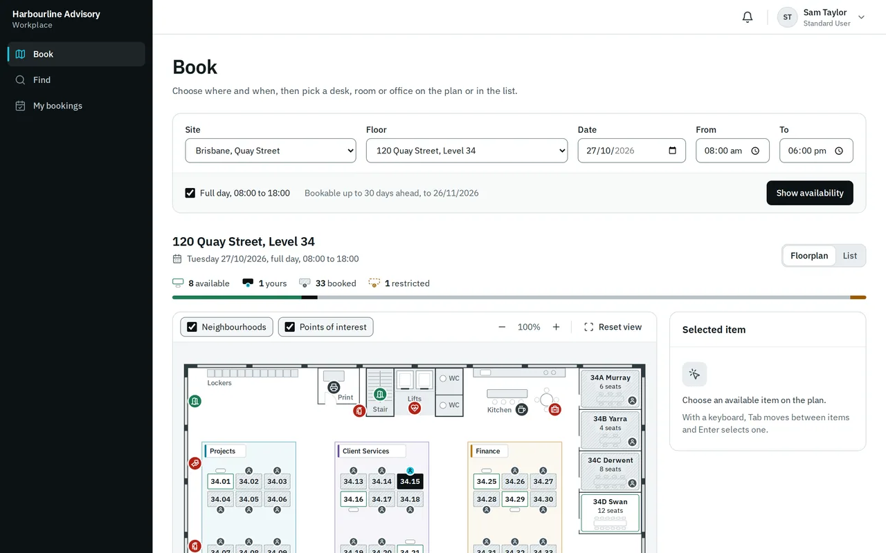 The workplace booking platform we built, shown with sample data: one office floor with its desks, meeting rooms and neighbourhoods, booked and available.
