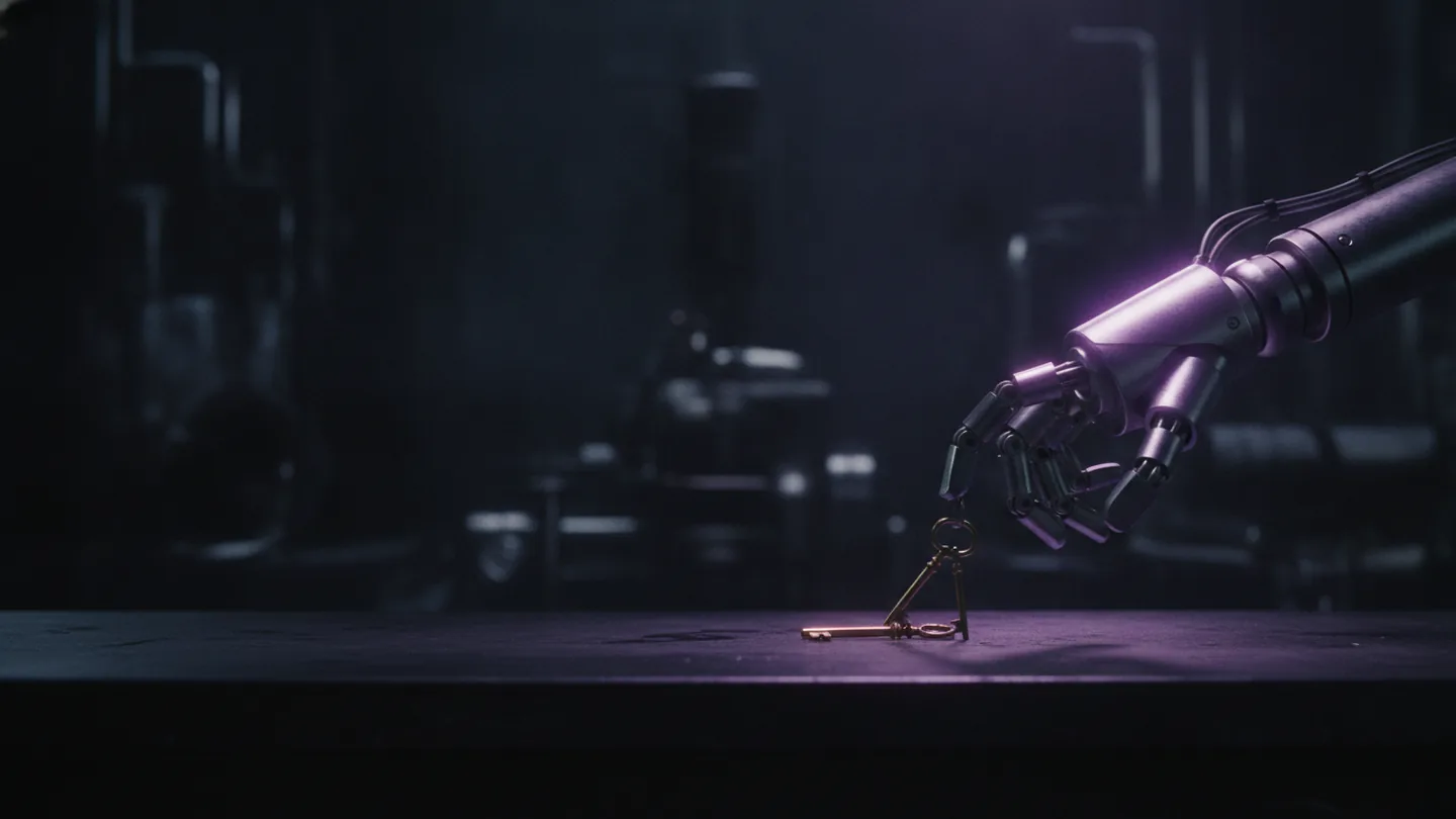 A mechanical arm reaches toward a small ring of keys on a dark workbench lit with a violet rim light.