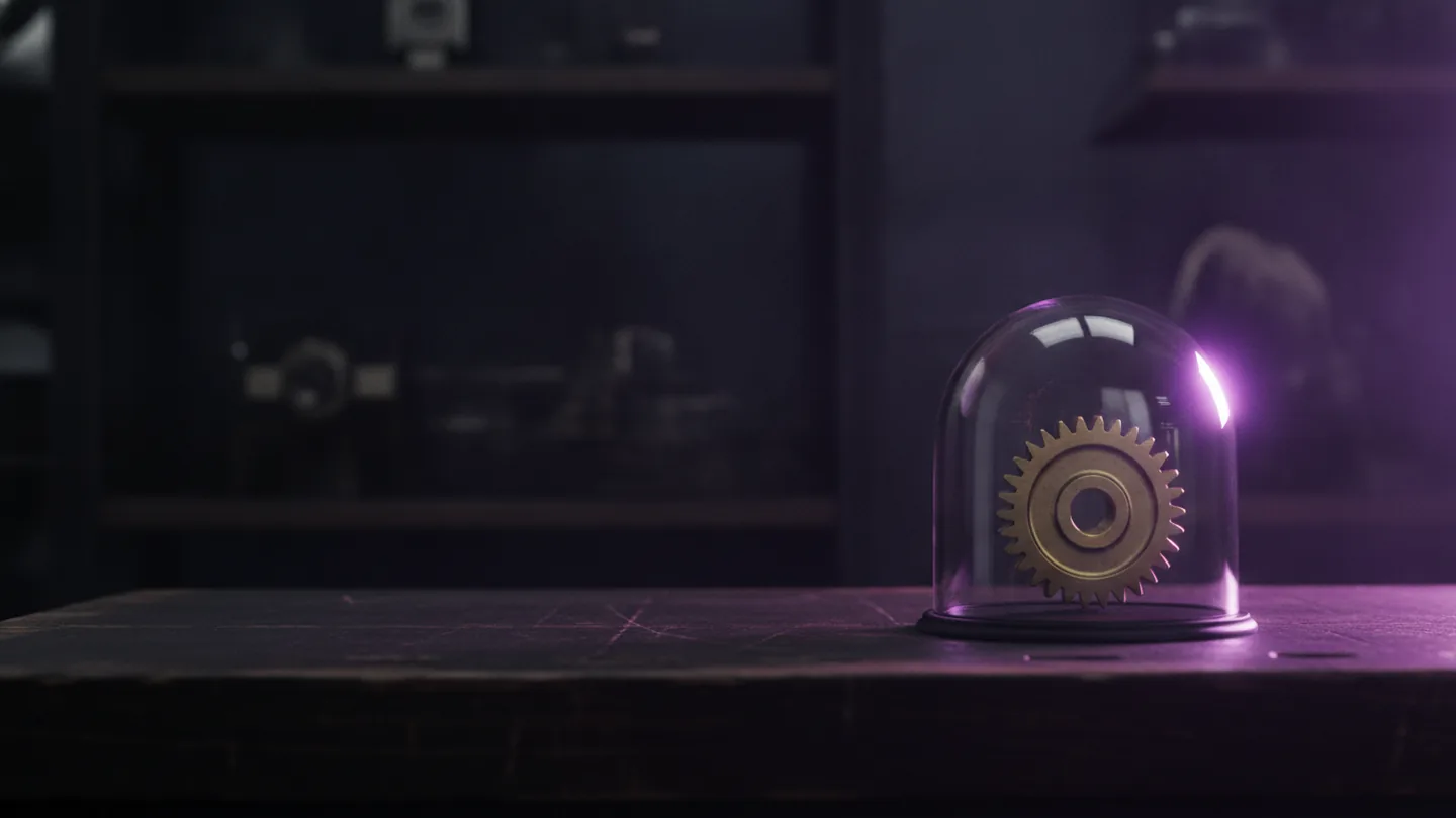 A single gear sits inside a glass case on a dark workbench, lit by a violet rim light.